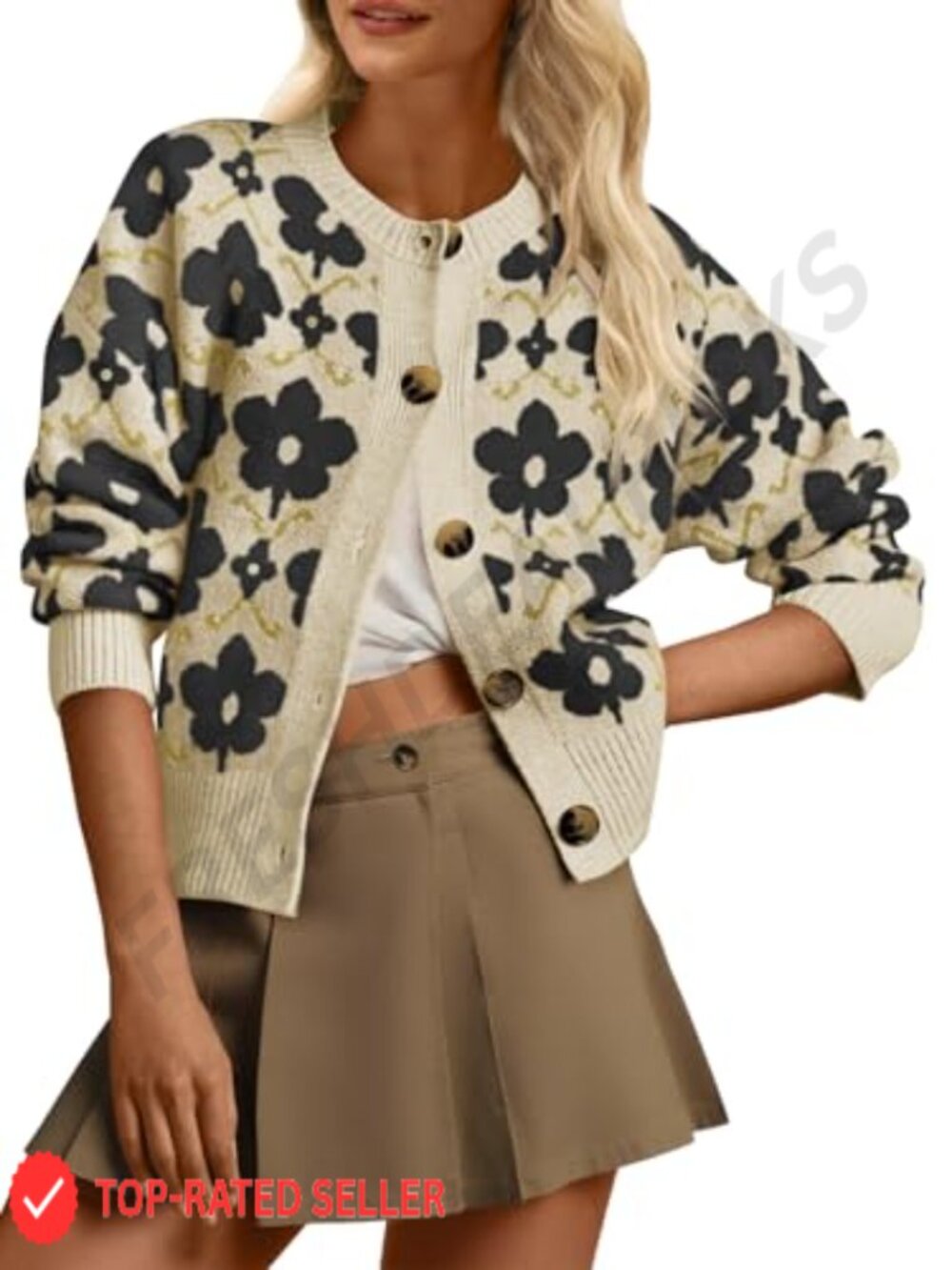 Womens Floral Knit Cardigan Long Sleeve Button Down Open Front Retro Sweater